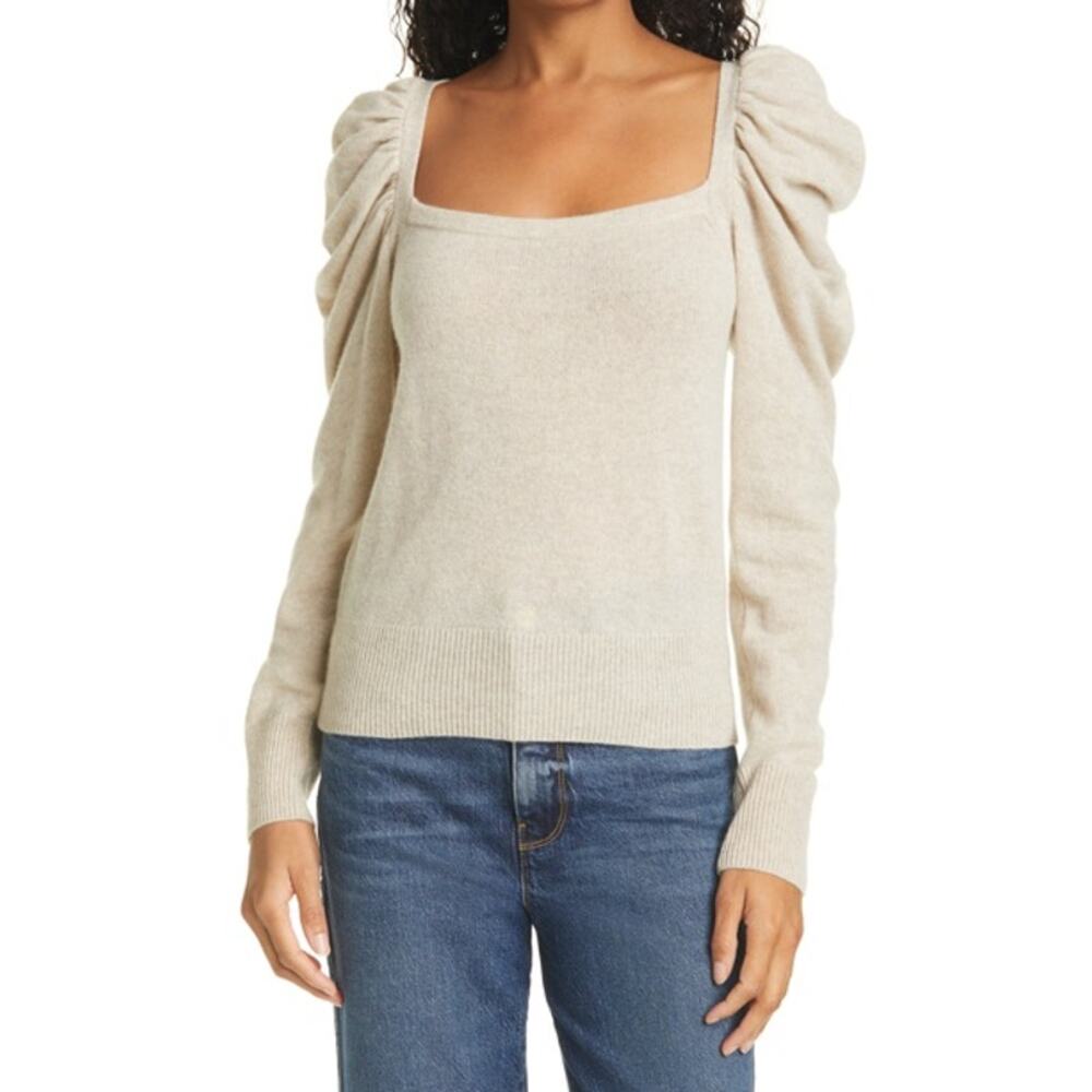 Frame Cashmere Puff Sleeve Square Neck Sweater Large